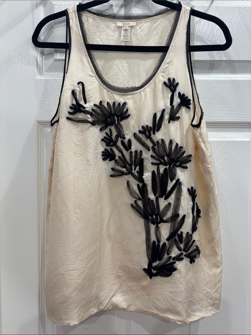 J. Crew Cream Sleeveless Tank with Black Floral Appliqué